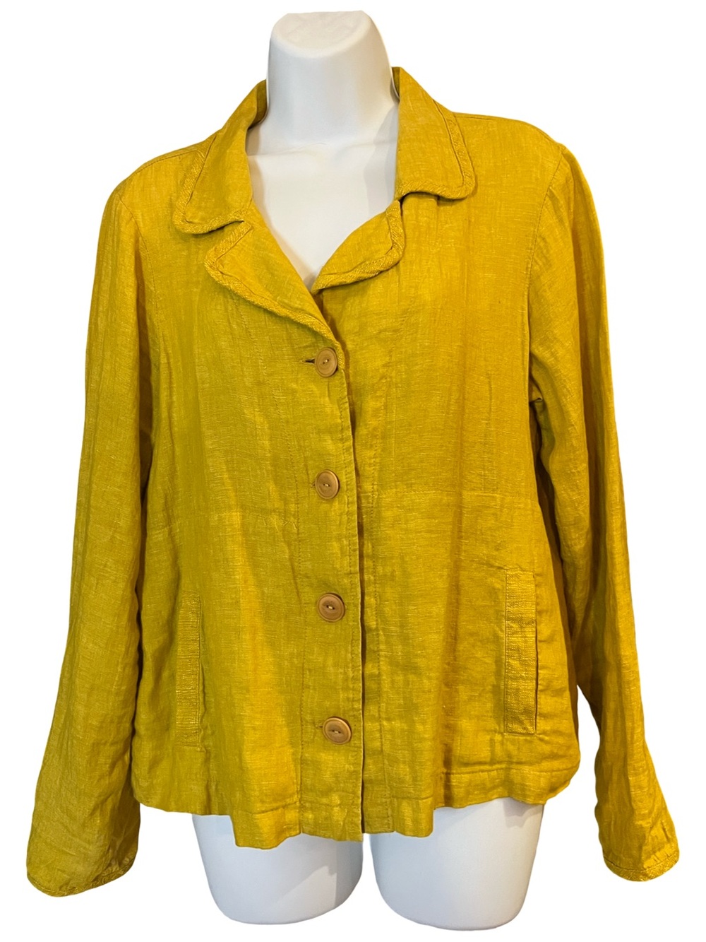 Flax Mustard Golden Yellow Cardigan Jacket 100% Linen Size Small Button Down